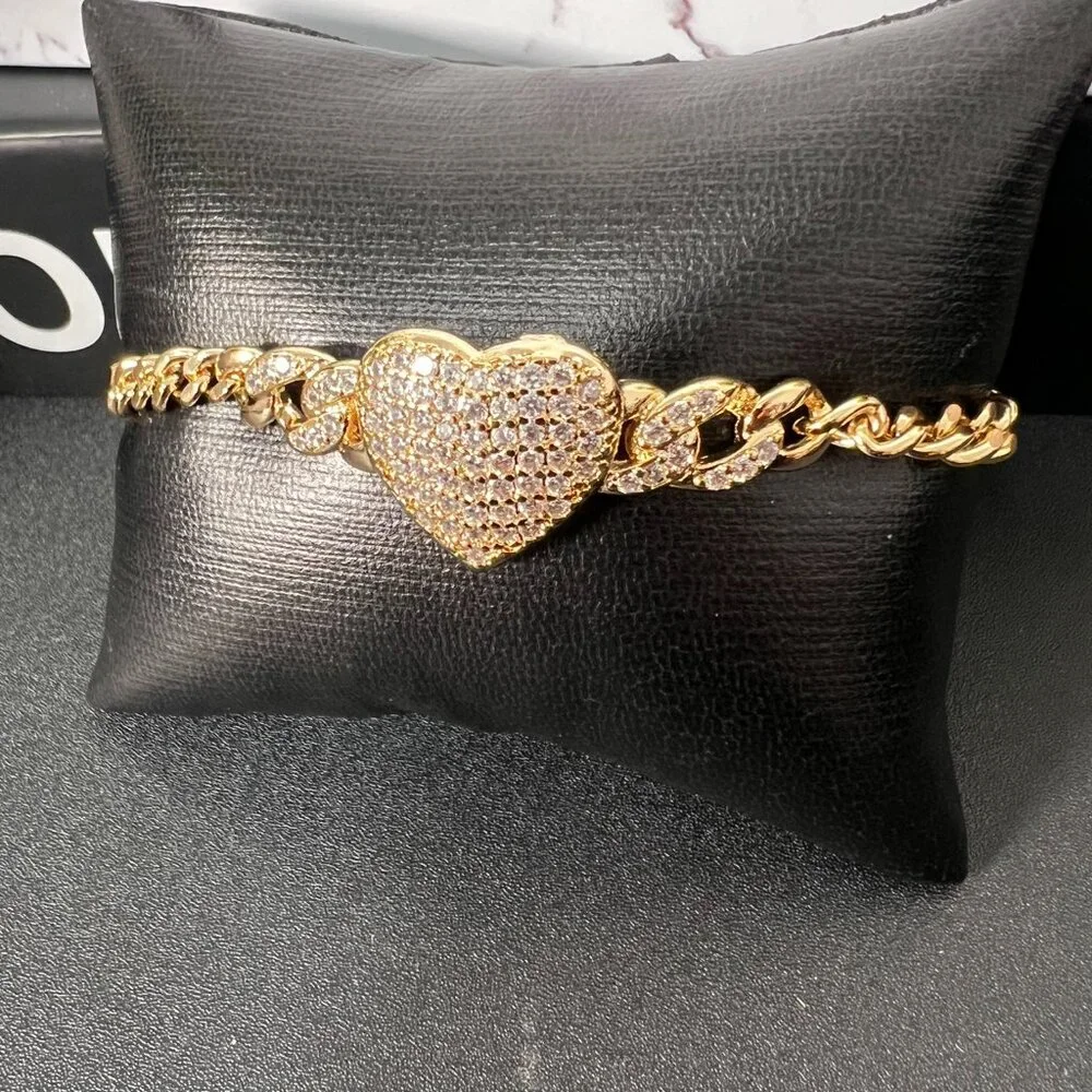 Gold Pleated Crystal Heart Chain Bracelet Women Fashion - Picture 2 of 3